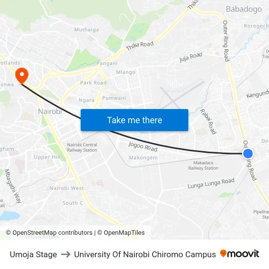 Umoja Stage to University Of Nairobi Chiromo Campus map