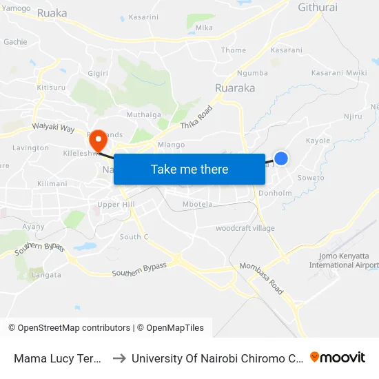 Mama Lucy Terminal to University Of Nairobi Chiromo Campus map