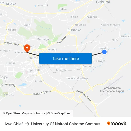 Kwa Chief to University Of Nairobi Chiromo Campus map