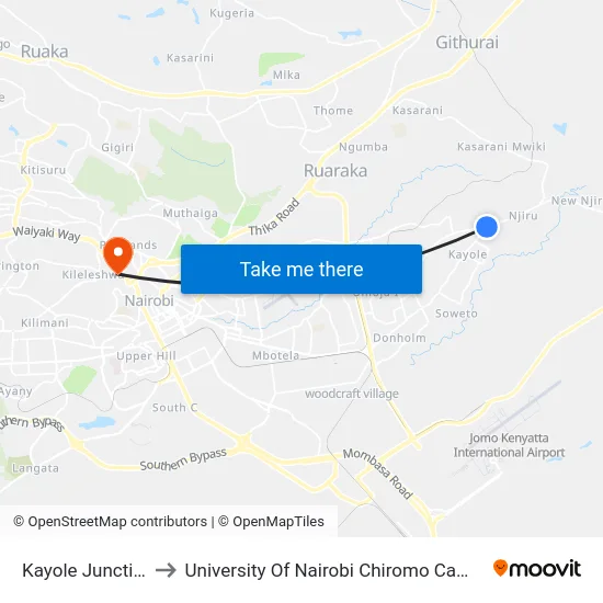 Kayole Junction to University Of Nairobi Chiromo Campus map