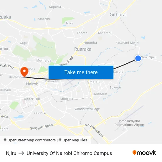 Njiru to University Of Nairobi Chiromo Campus map