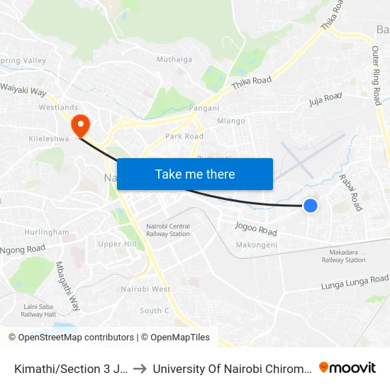 Kimathi/Section 3 Junction to University Of Nairobi Chiromo Campus map