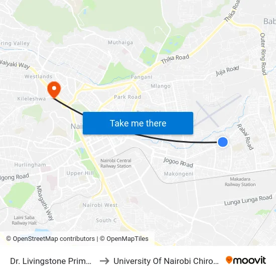 Dr. Livingstone Primary School to University Of Nairobi Chiromo Campus map