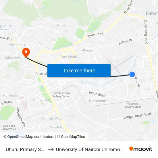 Uhuru Primary School to University Of Nairobi Chiromo Campus map