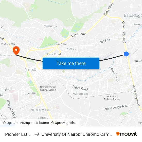 Pioneer Estate to University Of Nairobi Chiromo Campus map
