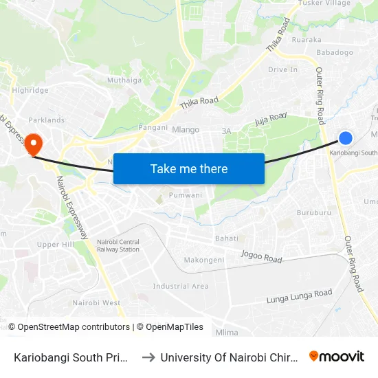 Kariobangi South Primary School to University Of Nairobi Chiromo Campus map