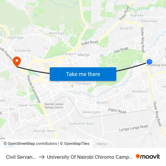 Civil Servants to University Of Nairobi Chiromo Campus map