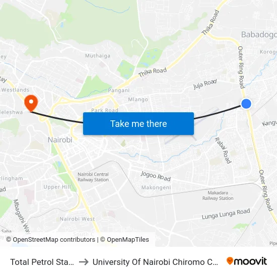 Total Petrol Station to University Of Nairobi Chiromo Campus map