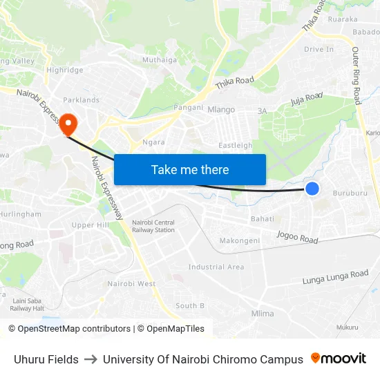 Uhuru Fields to University Of Nairobi Chiromo Campus map