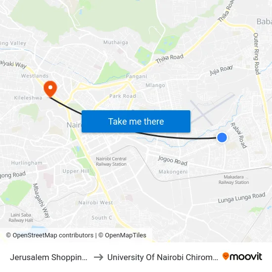 Jerusalem Shopping Centre to University Of Nairobi Chiromo Campus map