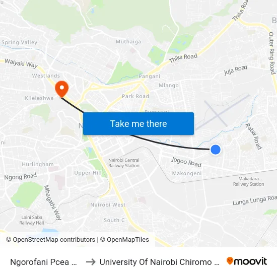 Ngorofani Pcea Bahati to University Of Nairobi Chiromo Campus map