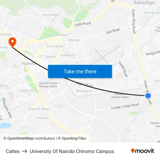 Caltex to University Of Nairobi Chiromo Campus map