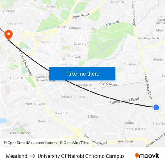 Meatland to University Of Nairobi Chiromo Campus map