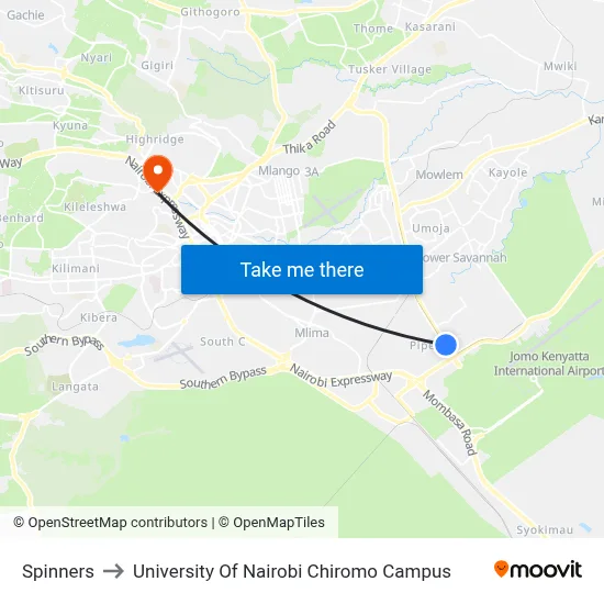 Spinners to University Of Nairobi Chiromo Campus map