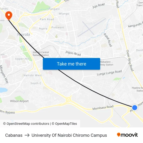 Cabanas to University Of Nairobi Chiromo Campus map