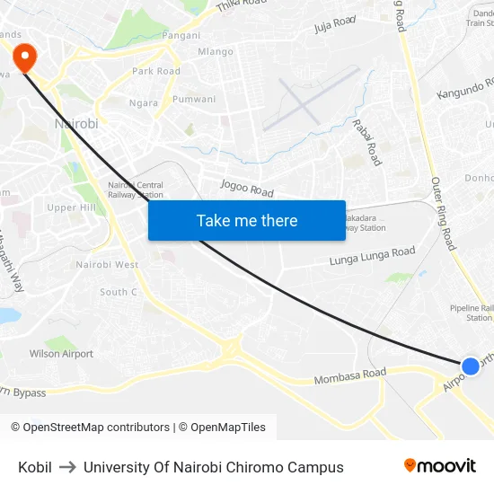 Kobil to University Of Nairobi Chiromo Campus map