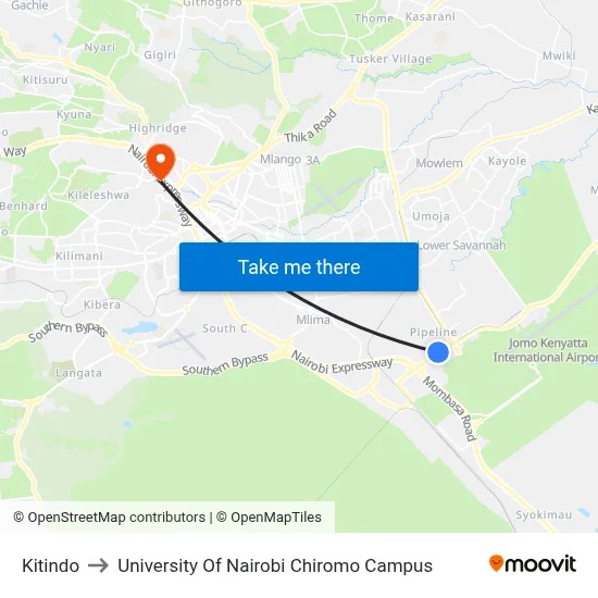 Kitindo to University Of Nairobi Chiromo Campus map