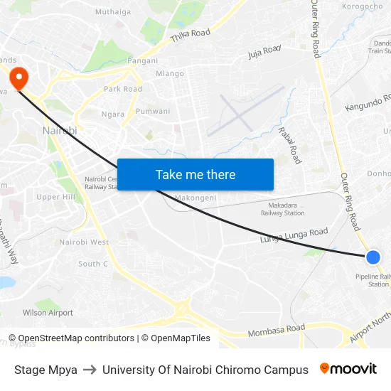 Stage Mpya to University Of Nairobi Chiromo Campus map