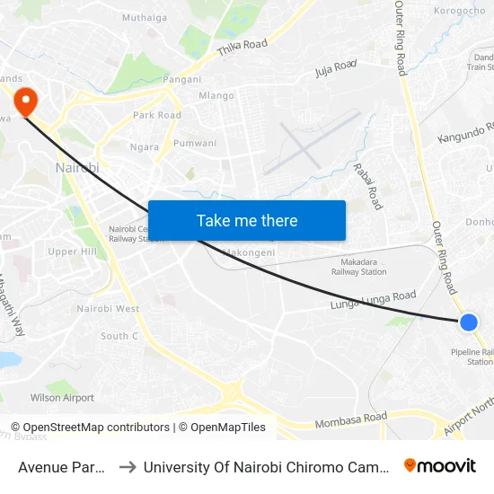 Avenue Park 2 to University Of Nairobi Chiromo Campus map