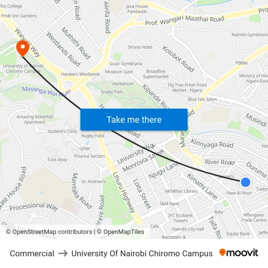 Commercial to University Of Nairobi Chiromo Campus map