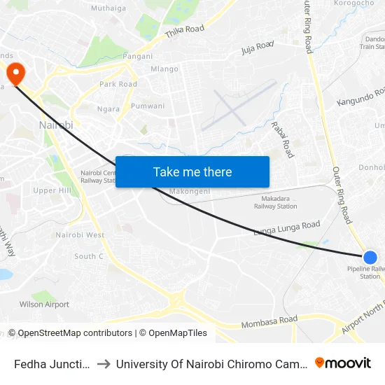 Fedha Junction to University Of Nairobi Chiromo Campus map
