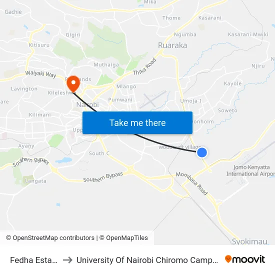 Fedha Estate to University Of Nairobi Chiromo Campus map
