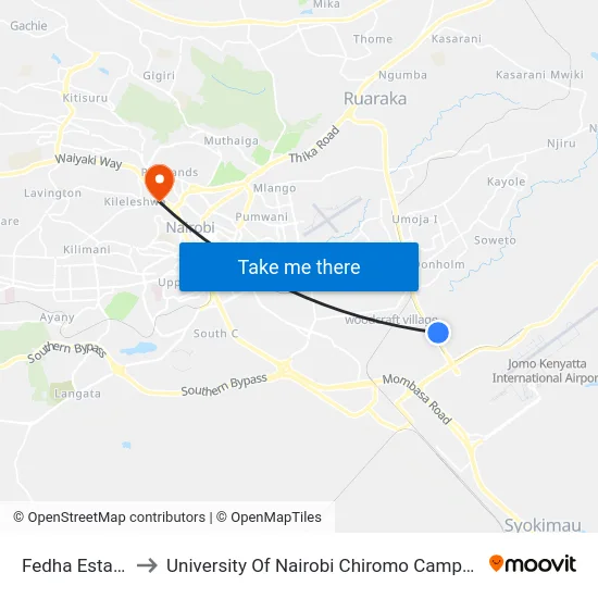 Fedha Estate to University Of Nairobi Chiromo Campus map