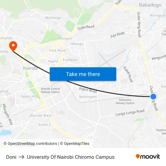 Doni to University Of Nairobi Chiromo Campus map