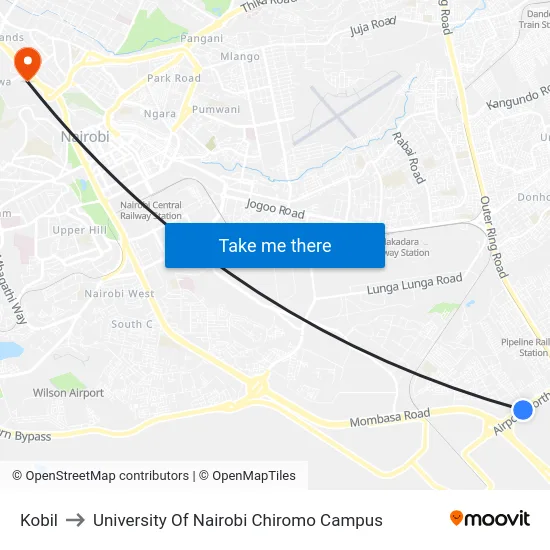 Kobil to University Of Nairobi Chiromo Campus map