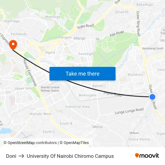 Doni to University Of Nairobi Chiromo Campus map