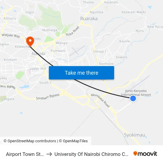 Airport  Town Stage to University Of Nairobi Chiromo Campus map