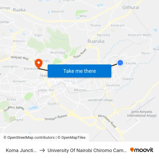 Koma Junction to University Of Nairobi Chiromo Campus map