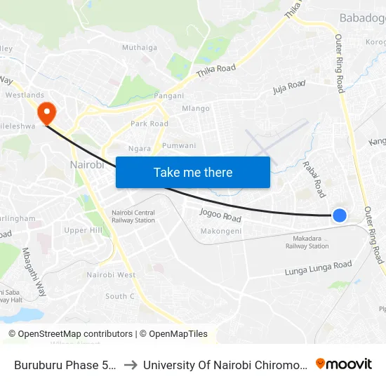 Buruburu Phase 5 Stage to University Of Nairobi Chiromo Campus map