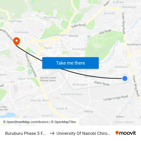 Buruburu Phase 5 Favourites to University Of Nairobi Chiromo Campus map