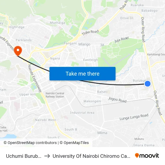 Uchumi Buruburu to University Of Nairobi Chiromo Campus map
