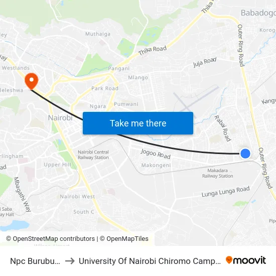 Npc Buruburu to University Of Nairobi Chiromo Campus map