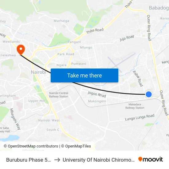 Buruburu Phase 5 Stage to University Of Nairobi Chiromo Campus map