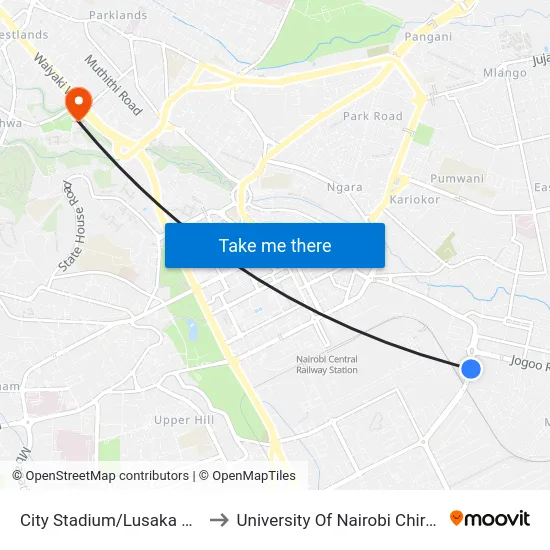 City Stadium/Lusaka Road Junctn to University Of Nairobi Chiromo Campus map