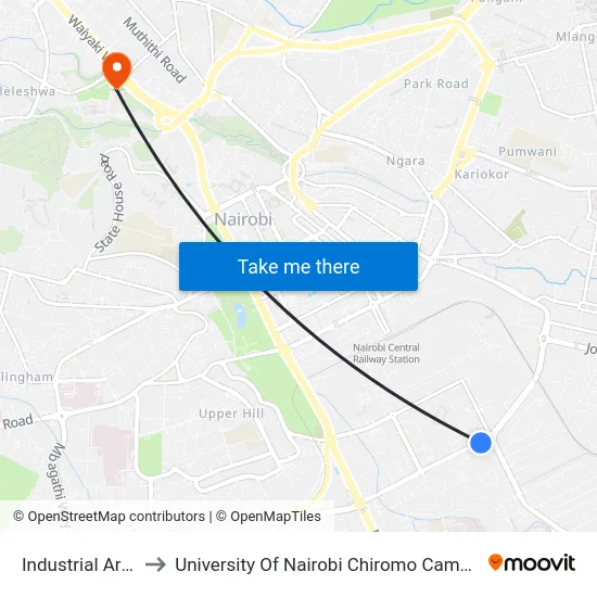 Industrial Area to University Of Nairobi Chiromo Campus map