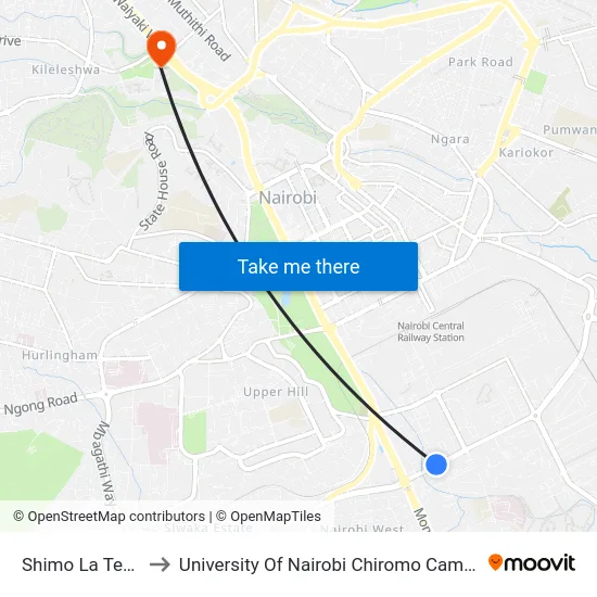 Shimo La Tewa to University Of Nairobi Chiromo Campus map