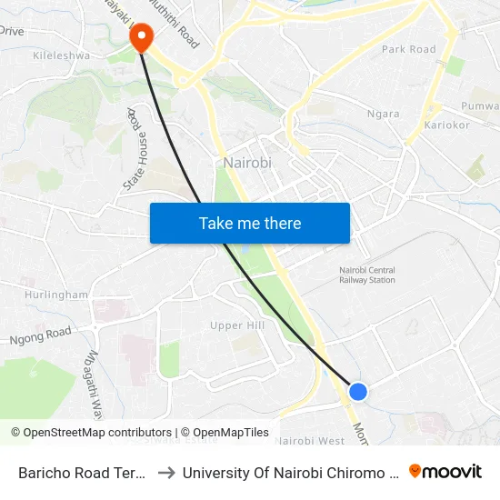Baricho Road Terminus to University Of Nairobi Chiromo Campus map