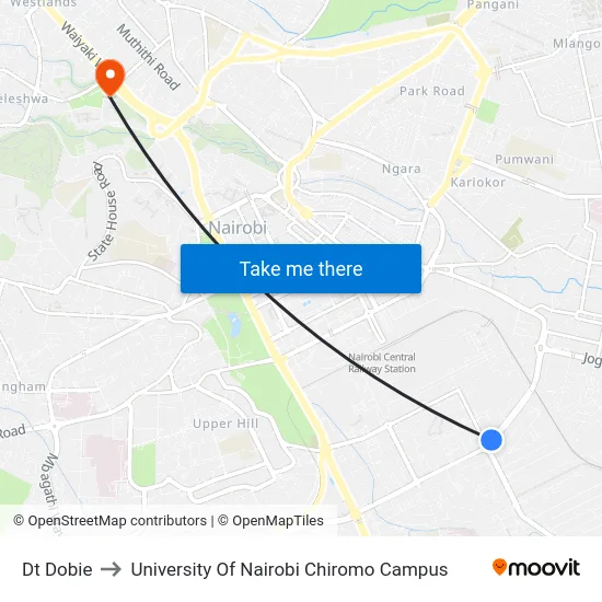 Dt Dobie to University Of Nairobi Chiromo Campus map