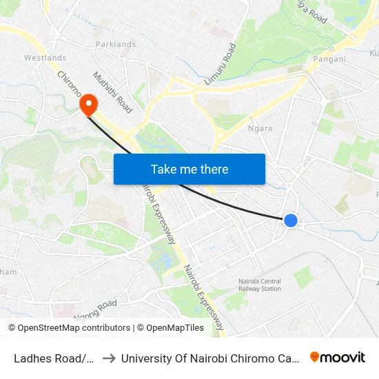Ladhes Road/Otc to University Of Nairobi Chiromo Campus map