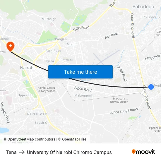 Tena to University Of Nairobi Chiromo Campus map