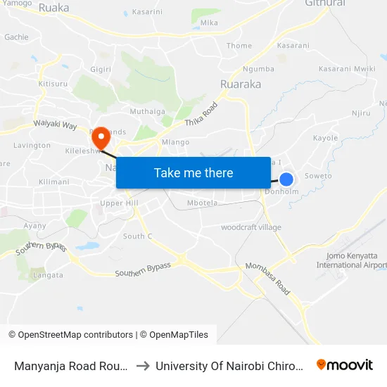 Manyanja Road Round About to University Of Nairobi Chiromo Campus map