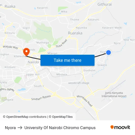Nyora to University Of Nairobi Chiromo Campus map