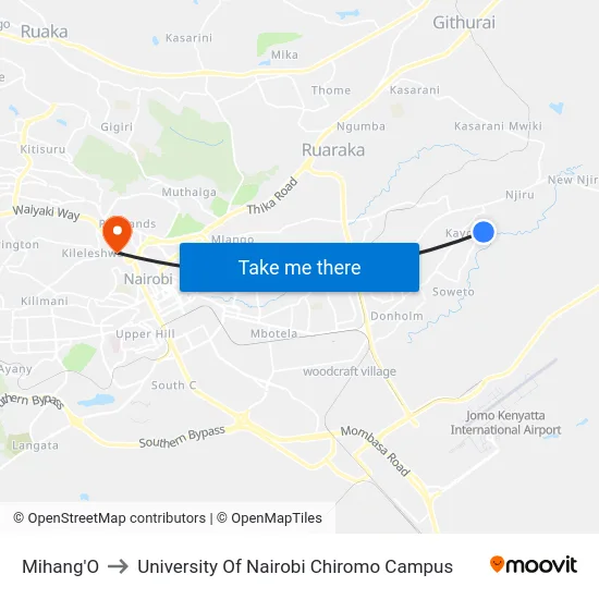 Mihang'O to University Of Nairobi Chiromo Campus map