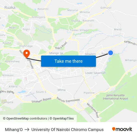 Mihang'O to University Of Nairobi Chiromo Campus map