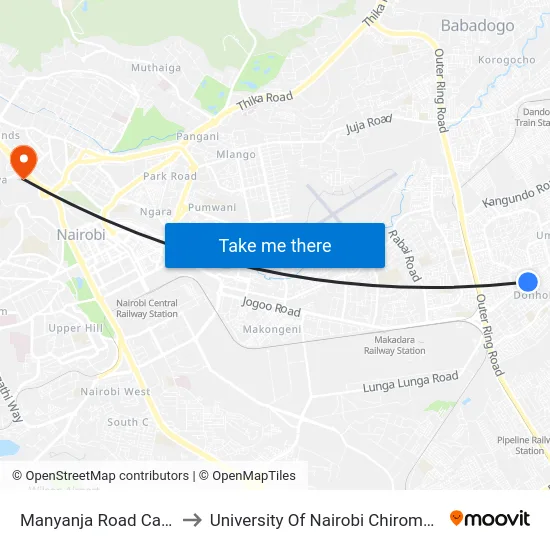 Manyanja Road Car Wash to University Of Nairobi Chiromo Campus map