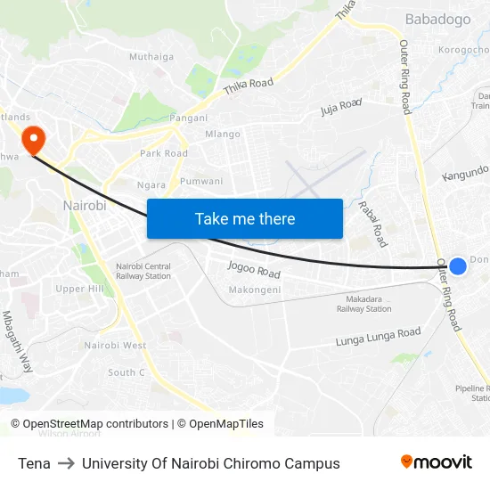 Tena to University Of Nairobi Chiromo Campus map